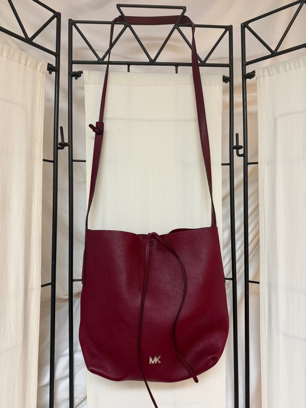 Michael Kors Burgundy Pebbled Leather Drawstring Shoulder Bag